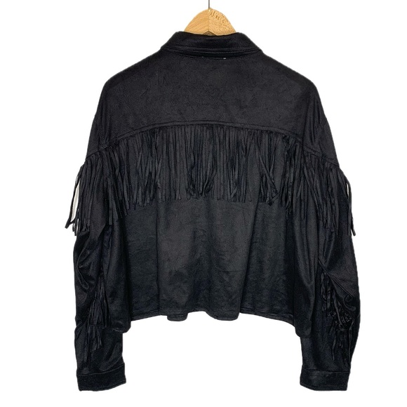 KORI Black Faux Suede Western Fringe Snap Shirt Jacket Womens Size Large Shacket - Picture 12 of 13